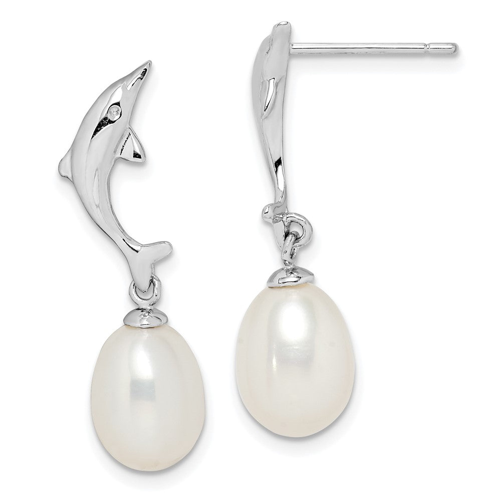QE15337 Sterling Silver Rhodium-plated 7-8mm White Rice Freshwater Cultured Pearl Dolphin Post Dangle Earrings