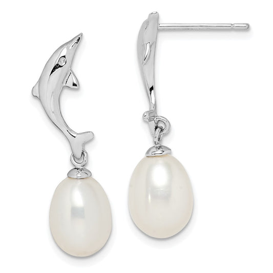QE15337 Sterling Silver Rhodium-plated 7-8mm White Rice Freshwater Cultured Pearl Dolphin Post Dangle Earrings