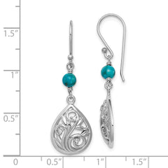 QE15347 Sterling Silver Rhodium-plated Polished Filigree CZ & Reconstituted Turquoise Teardrop Dangle Earrings