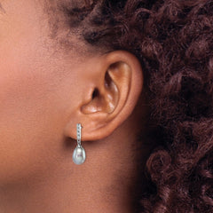 QE15359 Sterling Silver Rhodium-plated 8-9mm Grey Teardrop Freshwater Cultured Pearl and CZ Post Dangle Earrings
