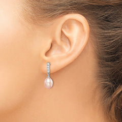 QE15360 Sterling Silver Rhodium-plated 8-9mm Pink Teardrop Freshwater Cultured Pearl and CZ Post Dangle Earrings