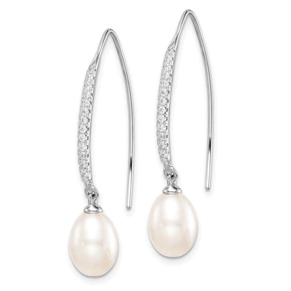 QE15366 Sterling Silver Rhodium-plated 7-8mm White Teardrop Freshwater Cultured Pearl and CZ Threader Earrings