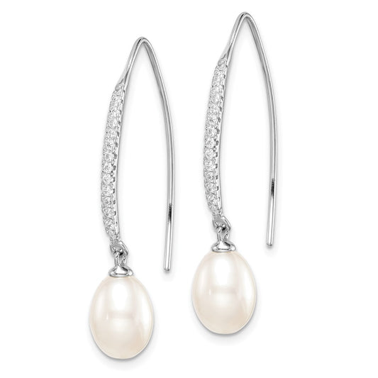QE15366 Sterling Silver Rhodium-plated 7-8mm White Teardrop Freshwater Cultured Pearl and CZ Threader Earrings