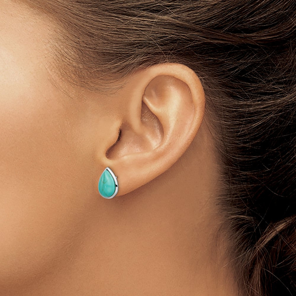 QE15369 Sterling Silver Rhodium-plated Imitation Turquoise Teardrop Post Earrings