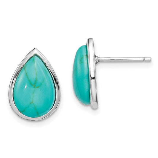 QE15369 Sterling Silver Rhodium-plated Imitation Turquoise Teardrop Post Earrings