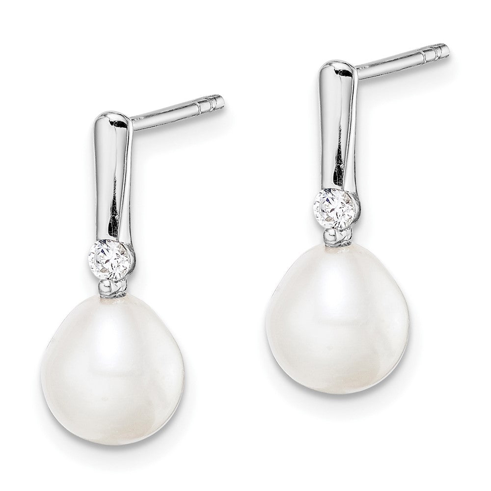 QE15377 Sterling Silver Rhodium-plated 7-8mm White Rice Freshwater Cultured Pearl and CZ Post Dangle Earrings