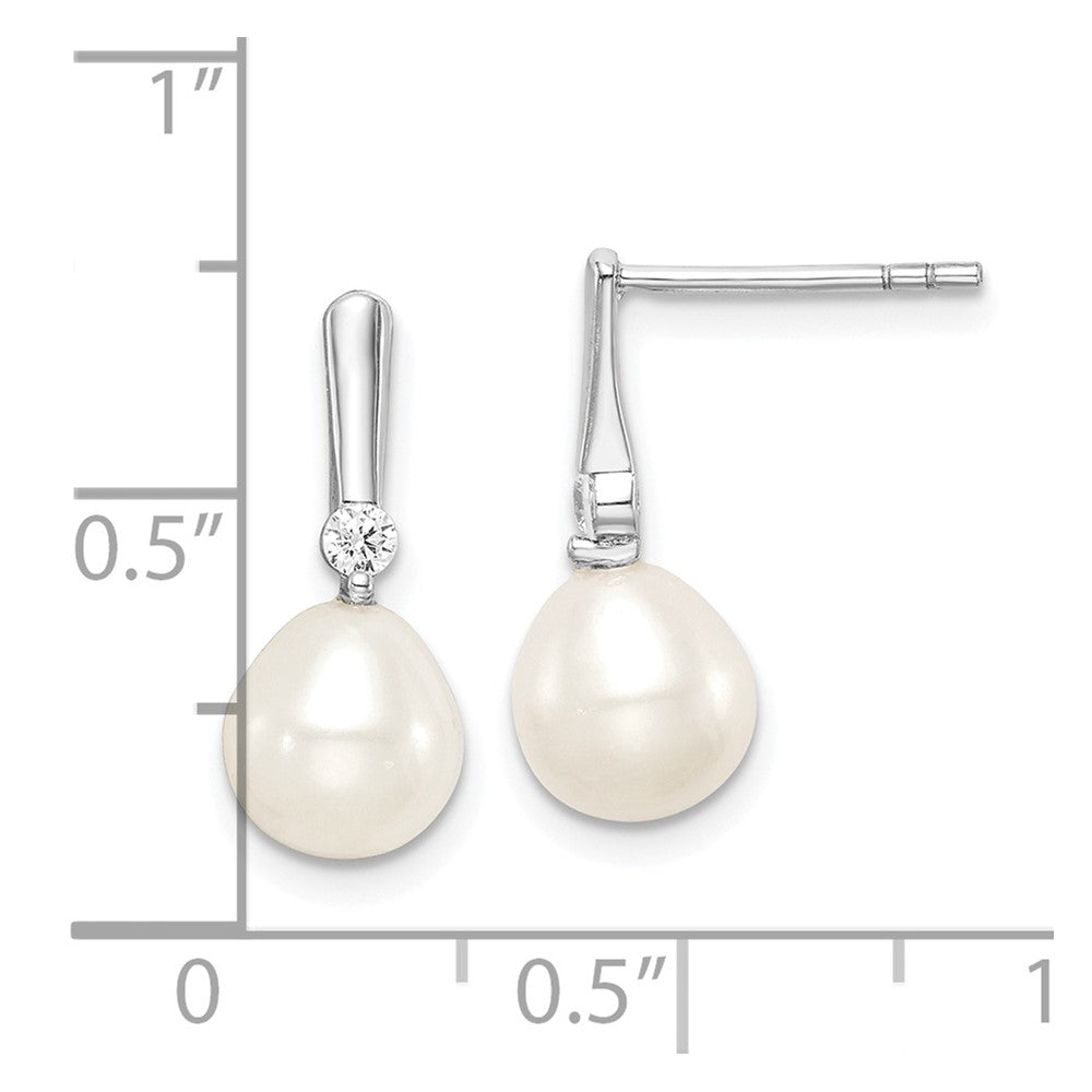 QE15377 Sterling Silver Rhodium-plated 7-8mm White Rice Freshwater Cultured Pearl and CZ Post Dangle Earrings