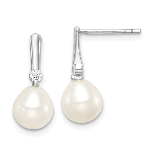 QE15377 Sterling Silver Rhodium-plated 7-8mm White Rice Freshwater Cultured Pearl and CZ Post Dangle Earrings