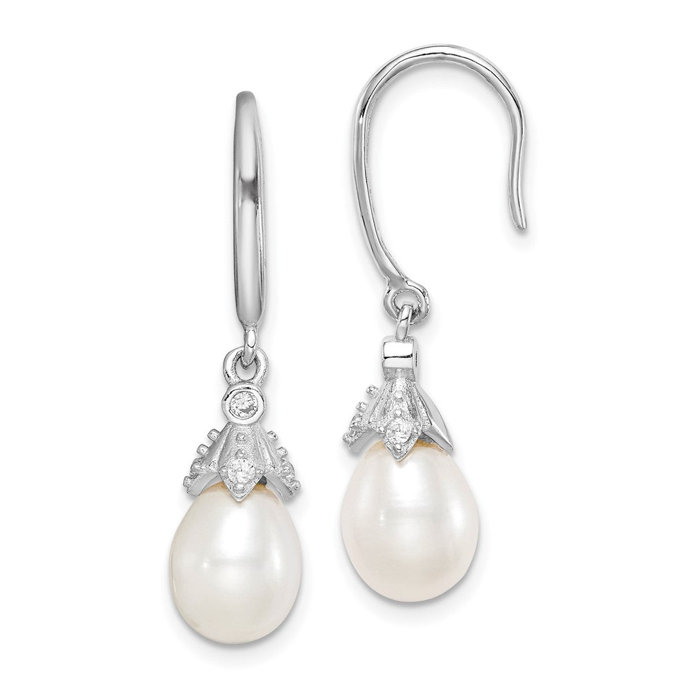QE15378 Sterling Silver Rhodium-plated 7-8mm White Teardrop Freshwater Cultured Pearl and CZ Dangle Earrings