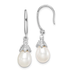 QE15378 Sterling Silver Rhodium-plated 7-8mm White Teardrop Freshwater Cultured Pearl and CZ Dangle Earrings