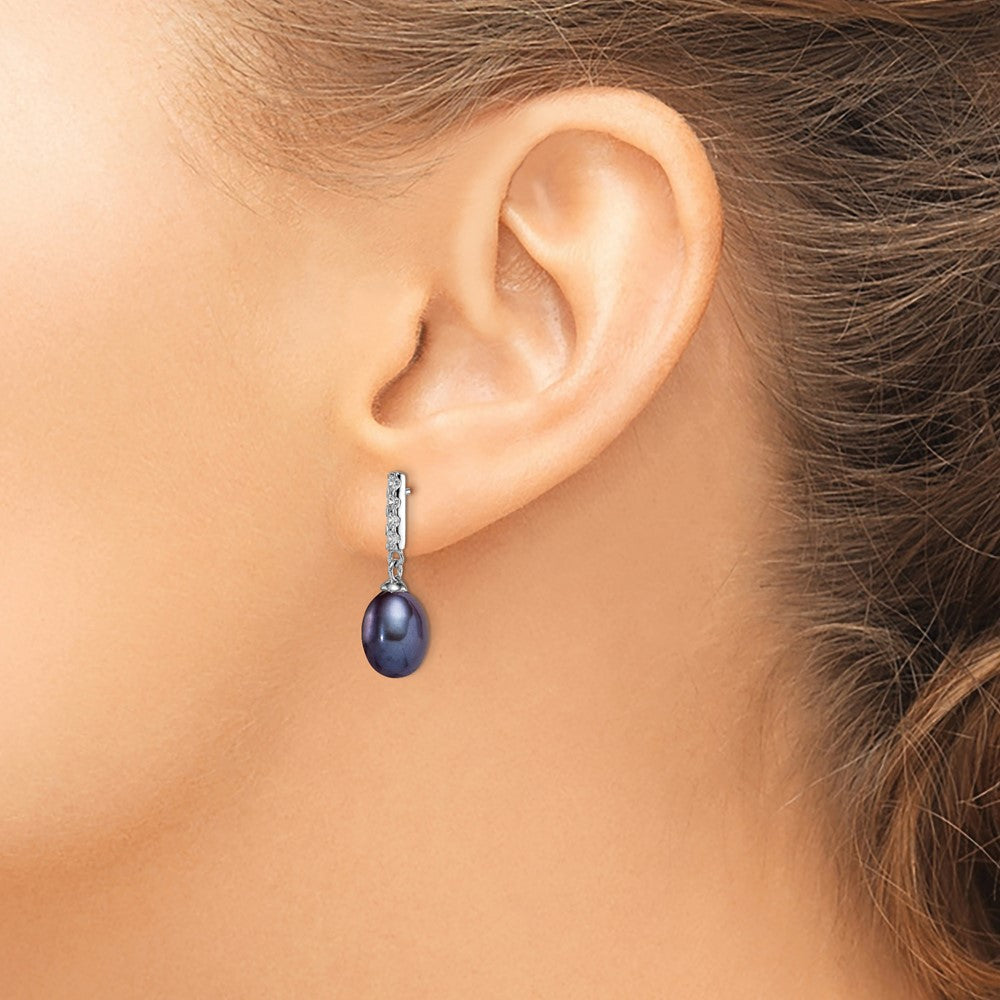 QE15379 Sterling Silver Rhodium-plated 8-9mm Black Teardrop Freshwater Cultured Pearl and CZ Post Dangle Earrings