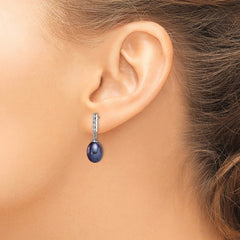 QE15379 Sterling Silver Rhodium-plated 8-9mm Black Teardrop Freshwater Cultured Pearl and CZ Post Dangle Earrings