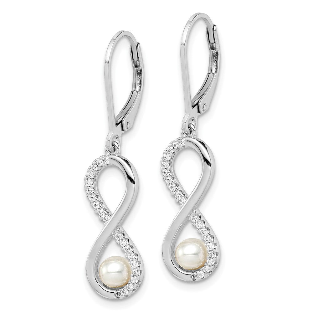QE15381 Sterling Silver Rhodium-plated 4-5mm White Freshwater Cultured Pearl and CZ Infinity Dangle Leverback Earrings