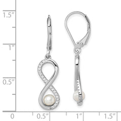QE15381 Sterling Silver Rhodium-plated 4-5mm White Freshwater Cultured Pearl and CZ Infinity Dangle Leverback Earrings