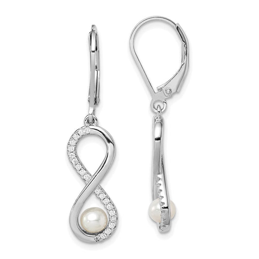 QE15381 Sterling Silver Rhodium-plated 4-5mm White Freshwater Cultured Pearl and CZ Infinity Dangle Leverback Earrings