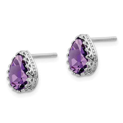 QE15383AM Sterling Silver Rhodium-plated 10mm Polished Pear Amethyst Post Earrings
