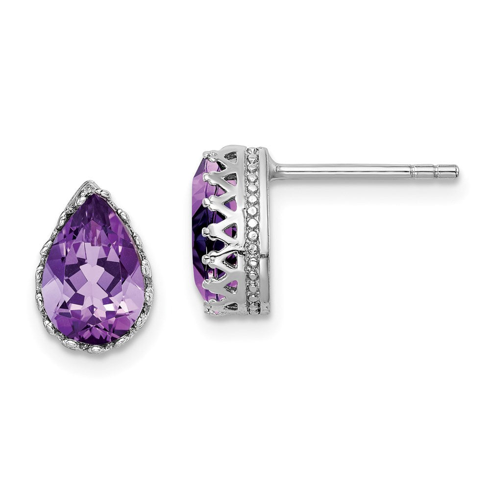 QE15383AM Sterling Silver Rhodium-plated 10mm Polished Pear Amethyst Post Earrings