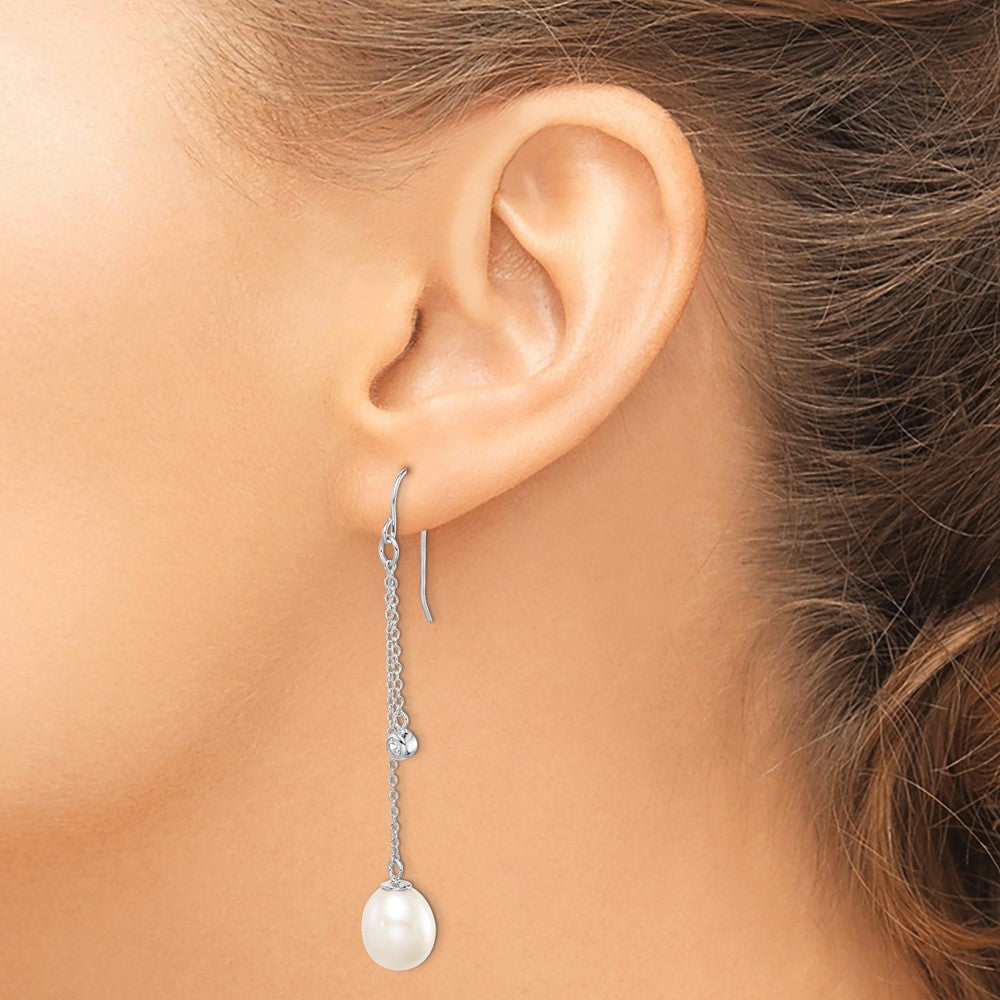 QE15396 Sterling Silver Rhodium-plated 9-10mm White Teardrop Freshwater Cultured Pearl and CZ Dangle Earrings