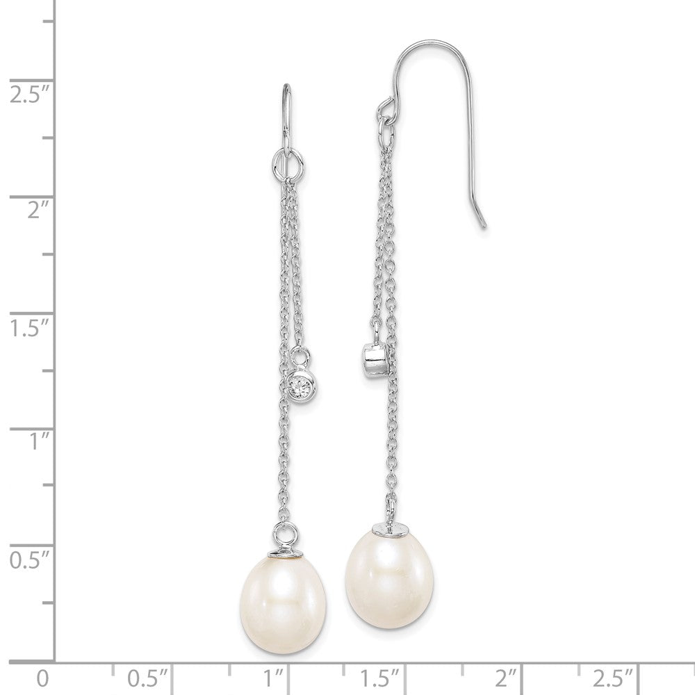 QE15396 Sterling Silver Rhodium-plated 9-10mm White Teardrop Freshwater Cultured Pearl and CZ Dangle Earrings