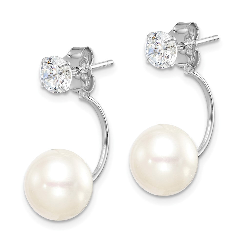 QE15408 Sterling Silver Rhodium-plated 9-10mm White Button Freshwater Cultured Pearl and CZ Front and Back Post Dangle Earrings