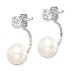QE15408 Sterling Silver Rhodium-plated 9-10mm White Button Freshwater Cultured Pearl and CZ Front and Back Post Dangle Earrings
