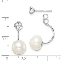 QE15408 Sterling Silver Rhodium-plated 9-10mm White Button Freshwater Cultured Pearl and CZ Front and Back Post Dangle Earrings