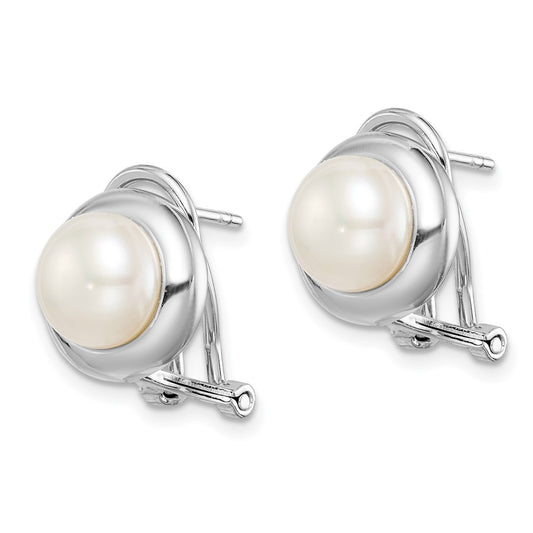 QE15417 Sterling Silver Rhodium-plated 8-9mm White Button Freshwater Cultured Pearl Omega Back Earrings