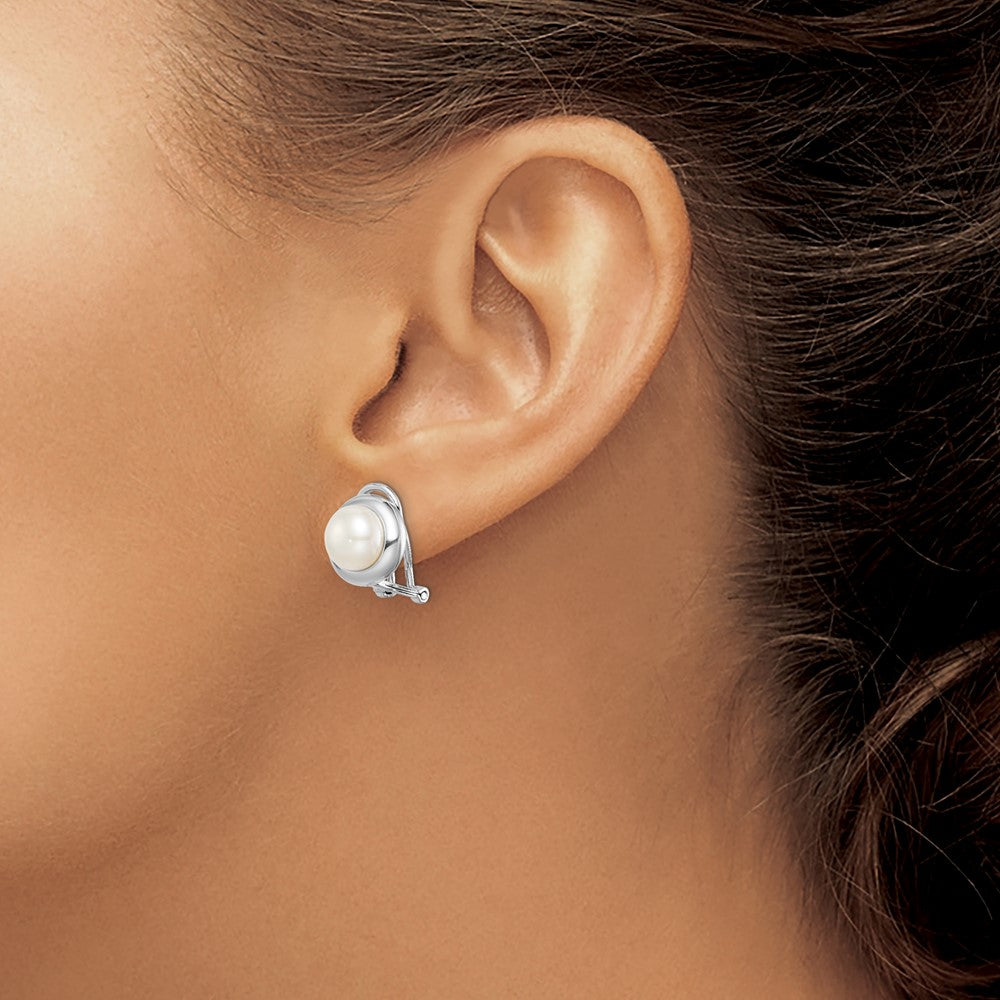 QE15417 Sterling Silver Rhodium-plated 8-9mm White Button Freshwater Cultured Pearl Omega Back Earrings