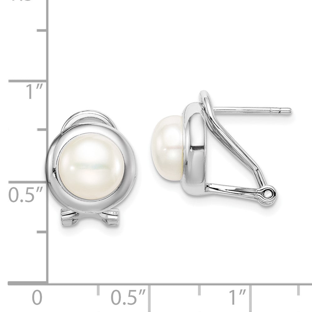 QE15417 Sterling Silver Rhodium-plated 8-9mm White Button Freshwater Cultured Pearl Omega Back Earrings