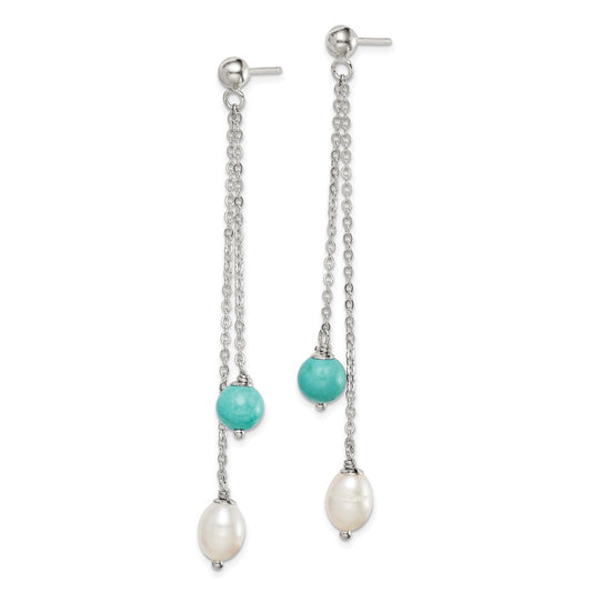 QE15419 Sterling Silver Rhod-pltd Turquoise/FWC Pearl Chain Post Dangle Earrings