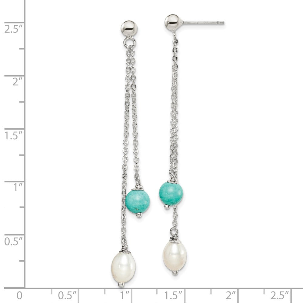 QE15419 Sterling Silver Rhod-pltd Turquoise/FWC Pearl Chain Post Dangle Earrings
