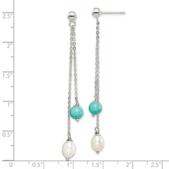 QE15419 Sterling Silver Rhod-pltd Turquoise/FWC Pearl Chain Post Dangle Earrings