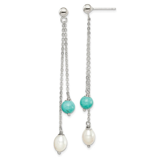 QE15419 Sterling Silver Rhod-pltd Turquoise/FWC Pearl Chain Post Dangle Earrings