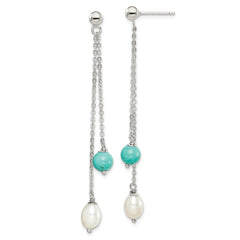 QE15419 Sterling Silver Rhod-pltd Turquoise/FWC Pearl Chain Post Dangle Earrings