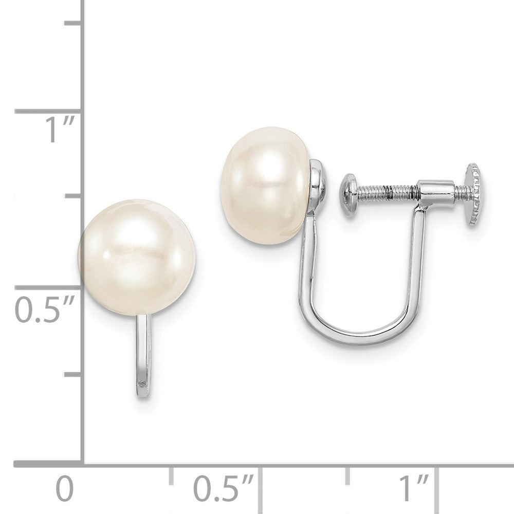 QE15420 Sterling Silver Rhodium-plated 8-9mm White Button Freshwater Cultured Pearl Non Pierced Earrings