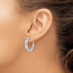 QE15450 Sterling Shimmer Sterling Silver Rhodium-plated 42 Stone 2x3mm CZ In and Out Round Hinged Hoop Earrings
