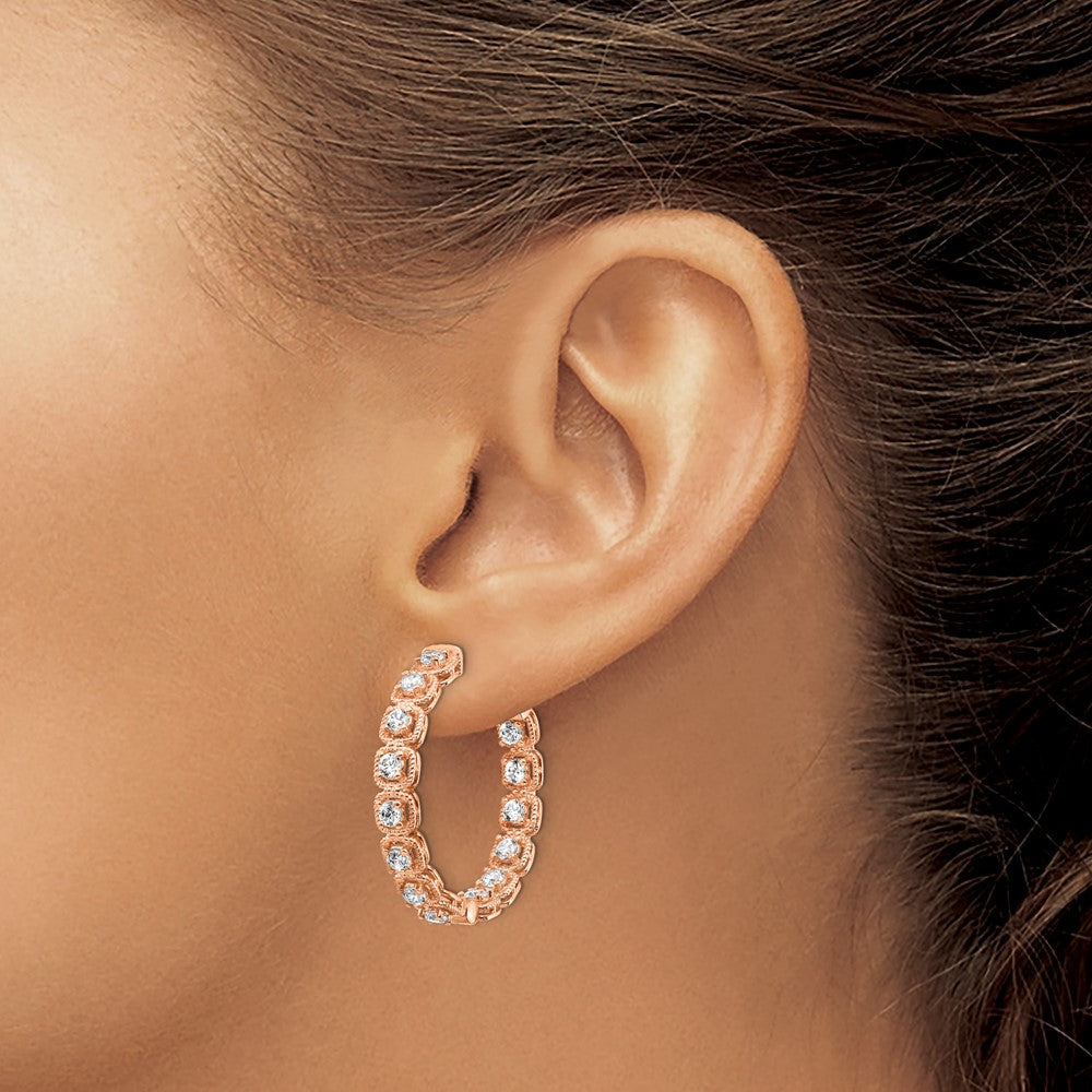 QE15456 Sterling Shimmer Sterling Silver Rose-tone Rose Flash Gold-plated 28 Stone 2.5mm CZ In and Out Round Hinged Hoop Earrings