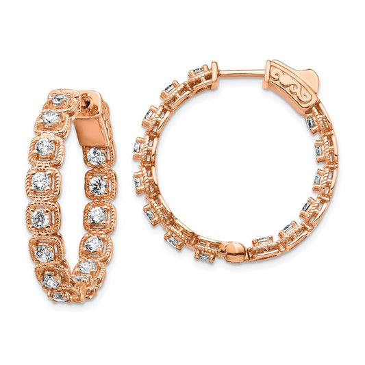 QE15456 Sterling Shimmer Sterling Silver Rose-tone Rose Flash Gold-plated 28 Stone 2.5mm CZ In and Out Round Hinged Hoop Earrings