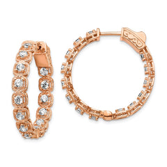 QE15456 Sterling Shimmer Sterling Silver Rose-tone Rose Flash Gold-plated 28 Stone 2.5mm CZ In and Out Round Hinged Hoop Earrings