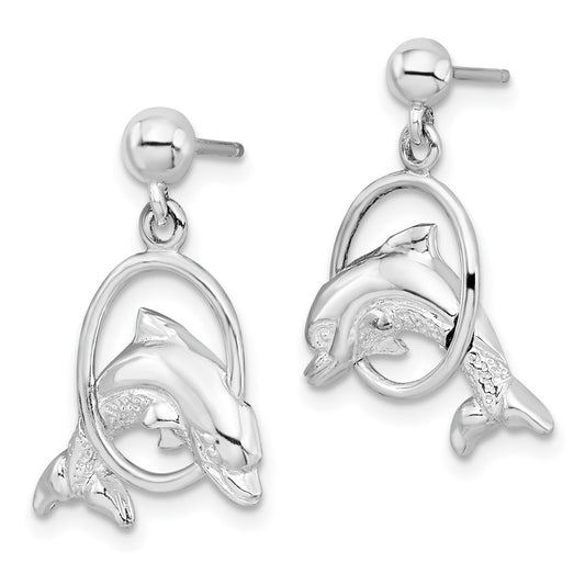 QE15473 De-Ani Sterling Silver Rhodium-Plated Dolphin in Hoop Dangle Post Earrings