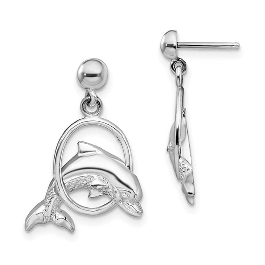 QE15473 De-Ani Sterling Silver Rhodium-Plated Dolphin in Hoop Dangle Post Earrings