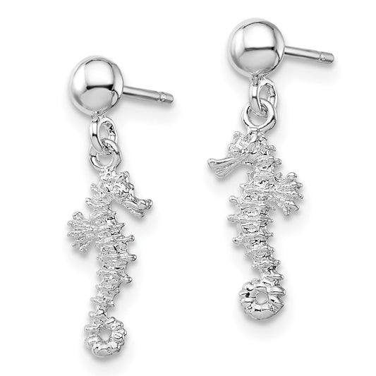 QE15519 De-Ani Sterling Silver Rhodium-Plated 3D Mini Seahorse Dangle Post Earrings