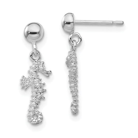 QE15519 De-Ani Sterling Silver Rhodium-Plated 3D Mini Seahorse Dangle Post Earrings