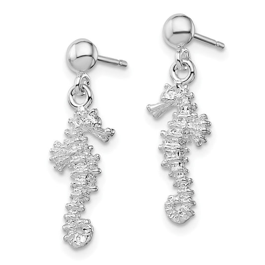 QE15520 De-Ani Sterling Silver Rhodium-Plated Polished 3D Seahorse Dangle Post Earrings