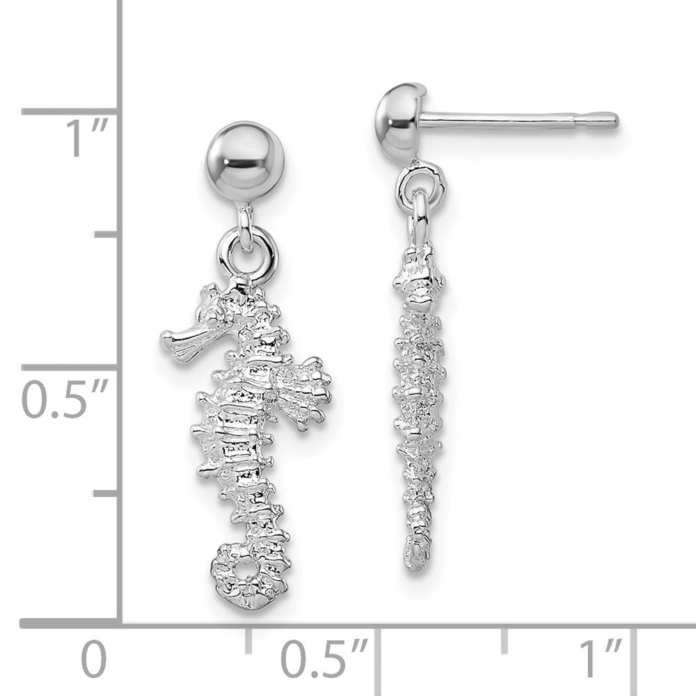QE15520 De-Ani Sterling Silver Rhodium-Plated Polished 3D Seahorse Dangle Post Earrings