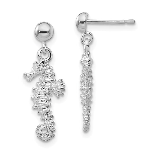 QE15520 De-Ani Sterling Silver Rhodium-Plated Polished 3D Seahorse Dangle Post Earrings