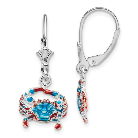 QE15532 De-Ani Sterling Silver Rhodium-Plated Enameled Blue Crab Leverback Earrings