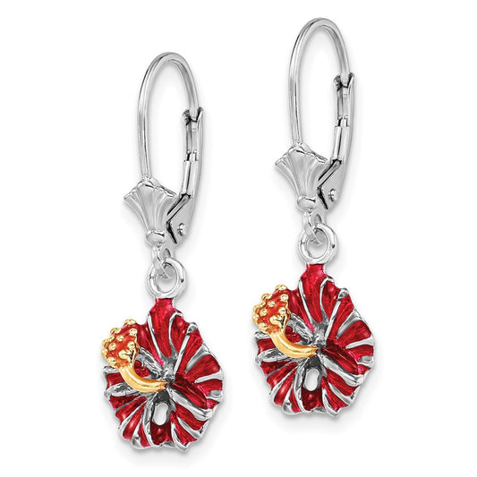 QE15533 De-Ani Sterling Silver Rhodium-Plated Enameled Red Hibiscus Leverback Earrings