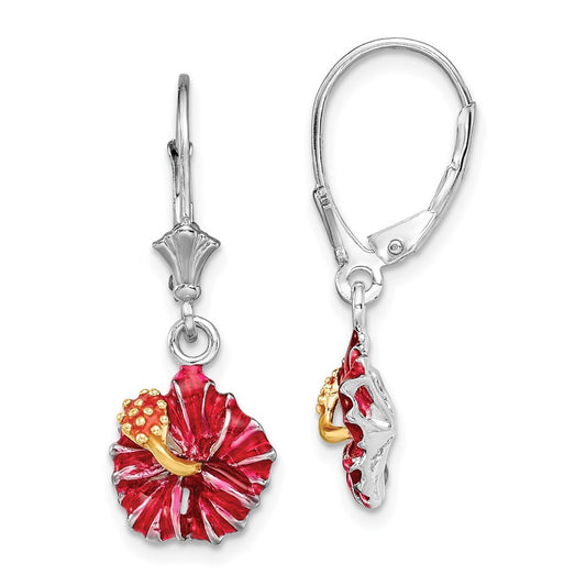 QE15533 De-Ani Sterling Silver Rhodium-Plated Enameled Red Hibiscus Leverback Earrings