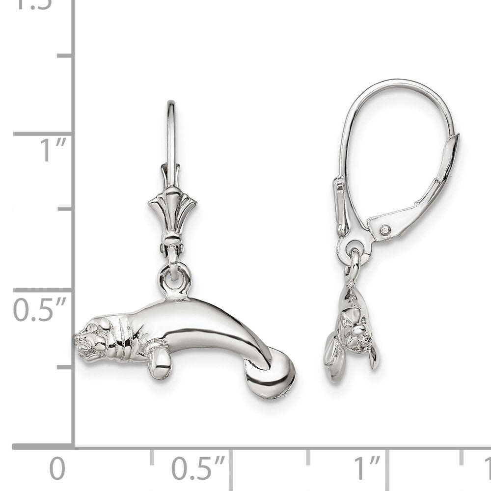 QE15583 De-Ani Sterling Silver Rhodium-Plated Polished 3D Manatee Leverback Earrings